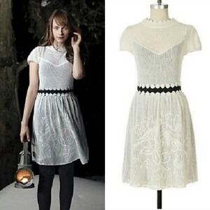 Anthropologie Lia Molly Lantern Light Birds Ivory Knit‎ Lace Dress Black Crochet